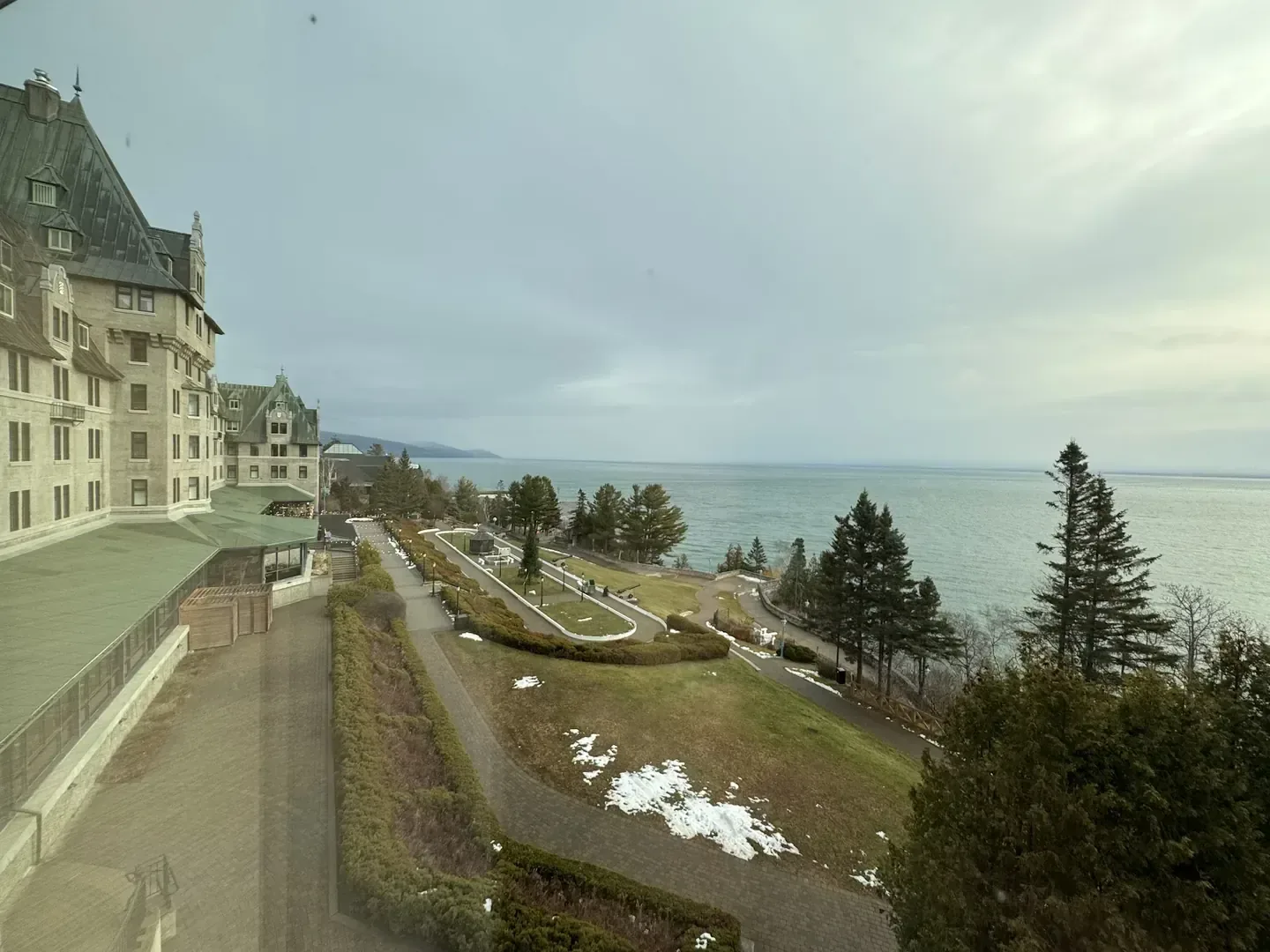 Historic resort façade overlooking water